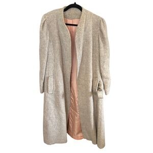 Ethel Pead Vintage Wool Coat Longline Duster Pockets Puff‎ Sleeve Gray Beige